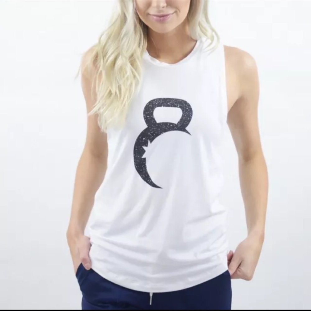 ZYIA Active Tank Top White Shirt Black Kettlebell moon graphic Size Medium